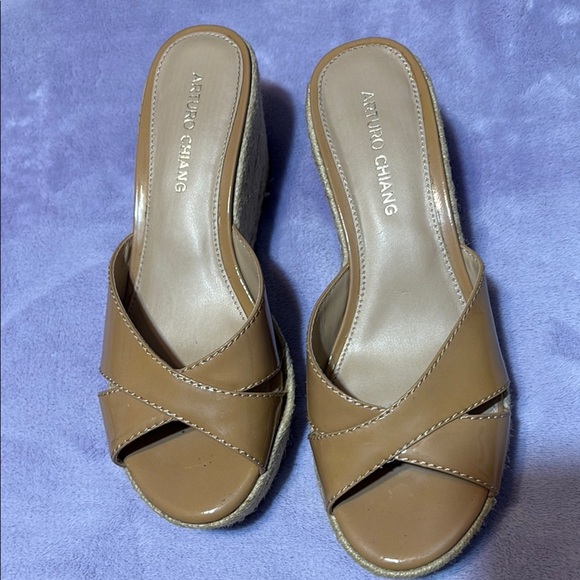 Arturo Chiang Tan Wedge Sandals with Crisscross Straps - Picture 1 of 5
